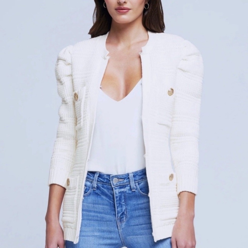 L'AGENCE Marina Textured Cardigan Pleated Shoulder Gold Buttons Classic Knit M